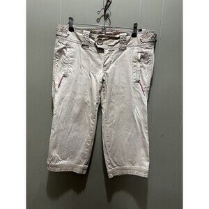 Abercrombie Stretch Corduroy Capri Pants Tan & Pink Big Button Zips Women’s Sz 8